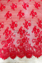 Color Lace: Red Scattered Floral Bouquets with Ornate Scalloped Floral Lace Edge, 3 Meters