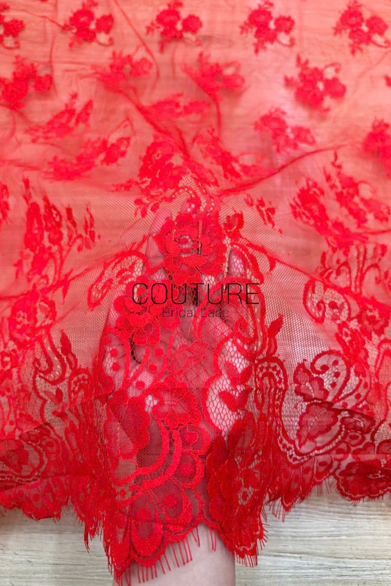 Color Lace: Red Scattered Floral Bouquets with Ornate Scalloped Floral Lace Edge, 3 Meters