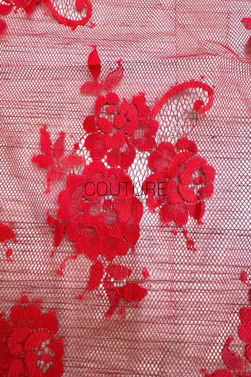 Color Lace: Red Scattered Floral Bouquets with Ornate Scalloped Floral Lace Edge, 3 Meters