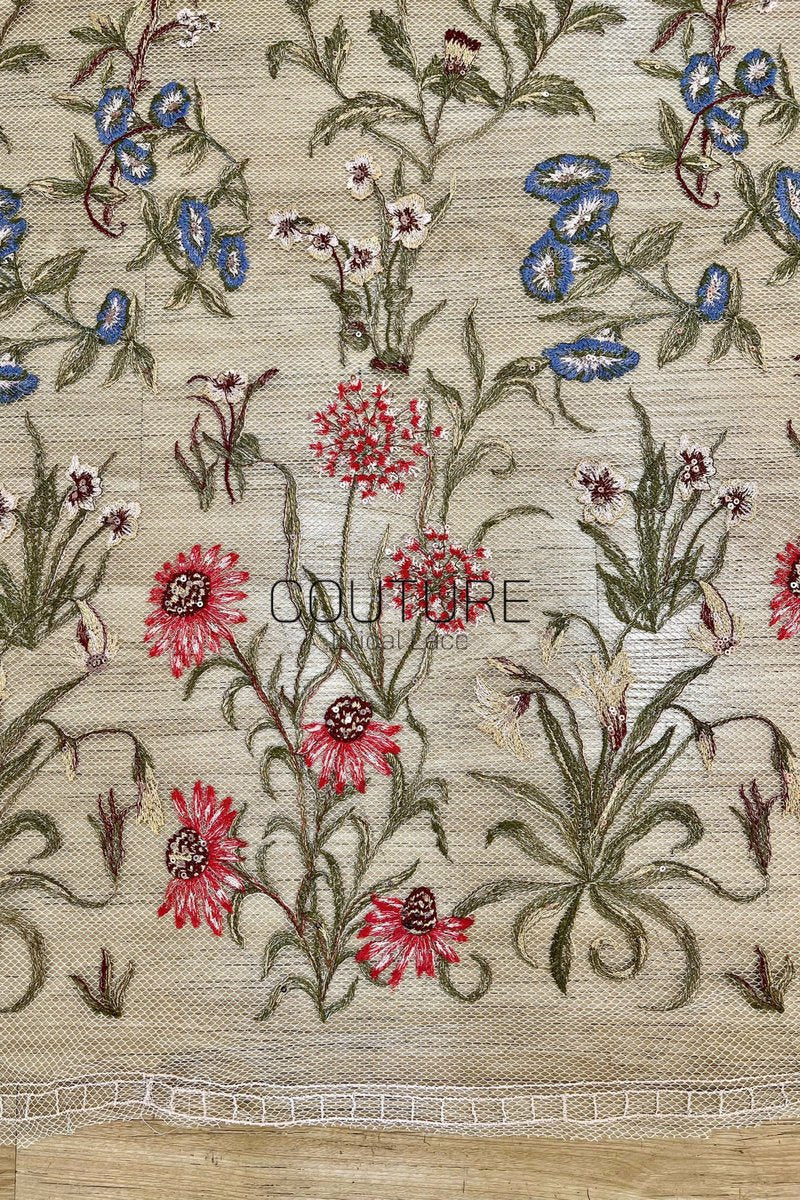 Color Lace: Meadow Wildflower Embroidery with Delicate Scalloped Floral Lace Edge, 1 Meter
