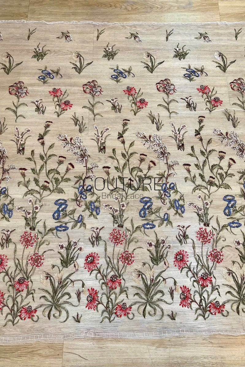 Color Lace: Meadow Wildflower Embroidery with Delicate Scalloped Floral Lace Edge, 1 Meter