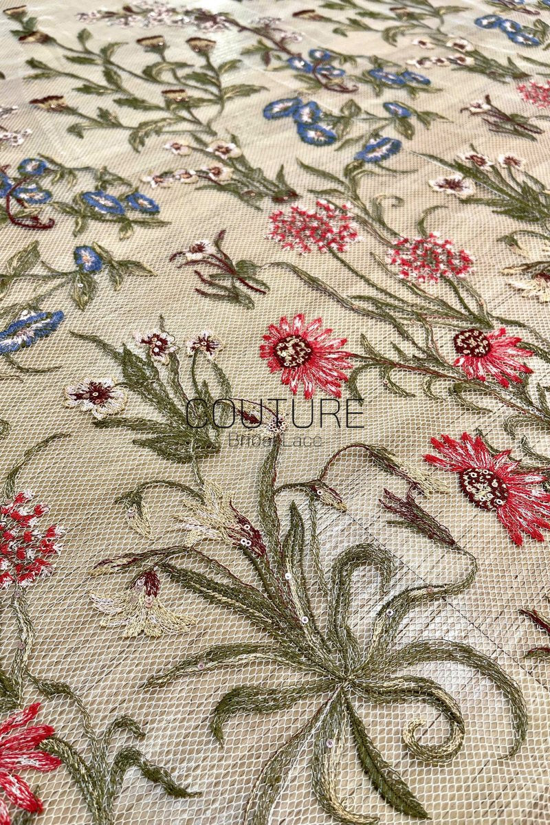Color Lace: Meadow Wildflower Embroidery with Delicate Scalloped Floral Lace Edge, 1 Meter