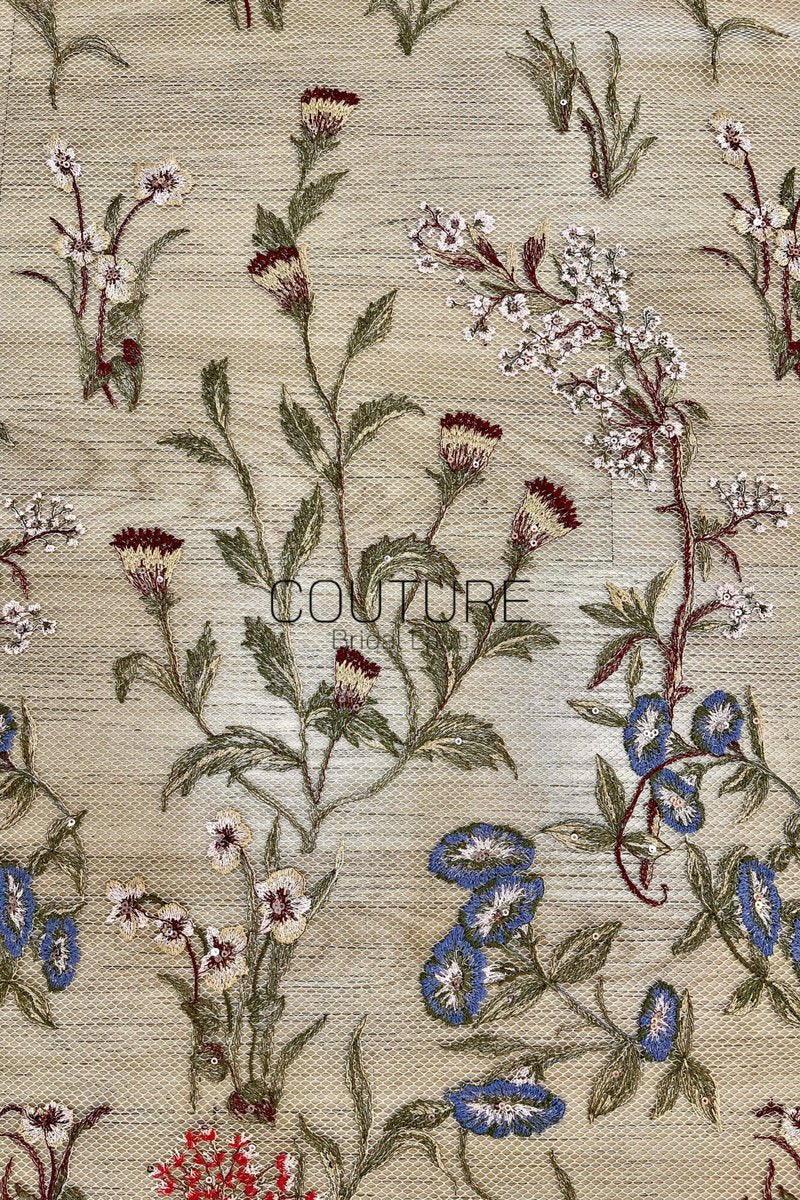 Color Lace: Meadow Wildflower Embroidery with Delicate Scalloped Floral Lace Edge, 1 Meter