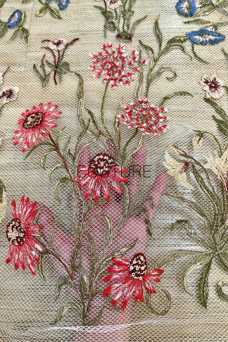 Color Lace: Meadow Wildflower Embroidery with Delicate Scalloped Floral Lace Edge, 1 Meter