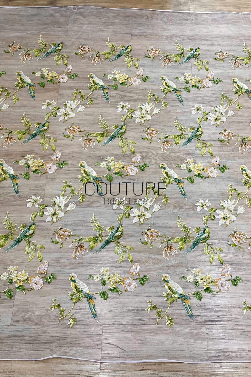 Color Lace: Teal Floral Botanical with Sequined Leaves and White Flowers, 1 Meter