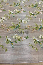 Color Lace: Teal Floral Botanical with Sequined Leaves and White Flowers, 1 Meter