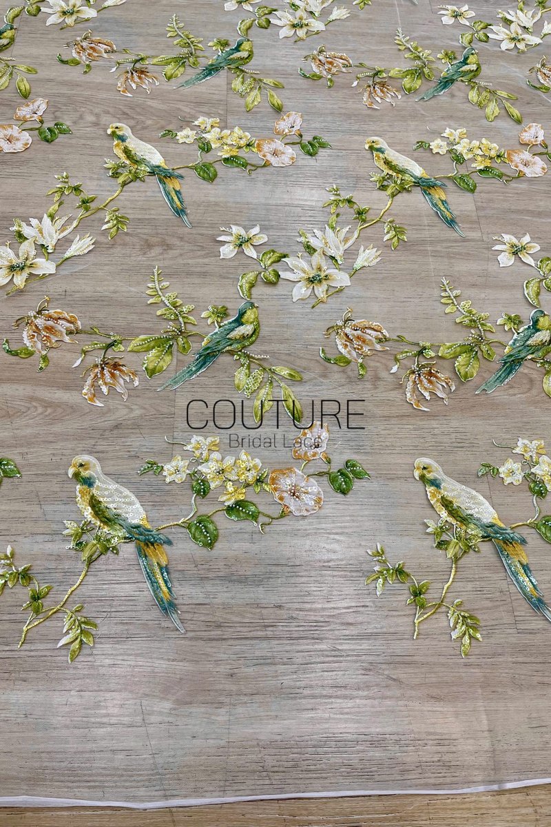 Color Lace: Teal Floral Botanical with Sequined Leaves and White Flowers, 1 Meter
