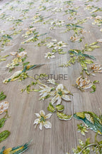 Color Lace: Teal Floral Botanical with Sequined Leaves and White Flowers, 1 Meter