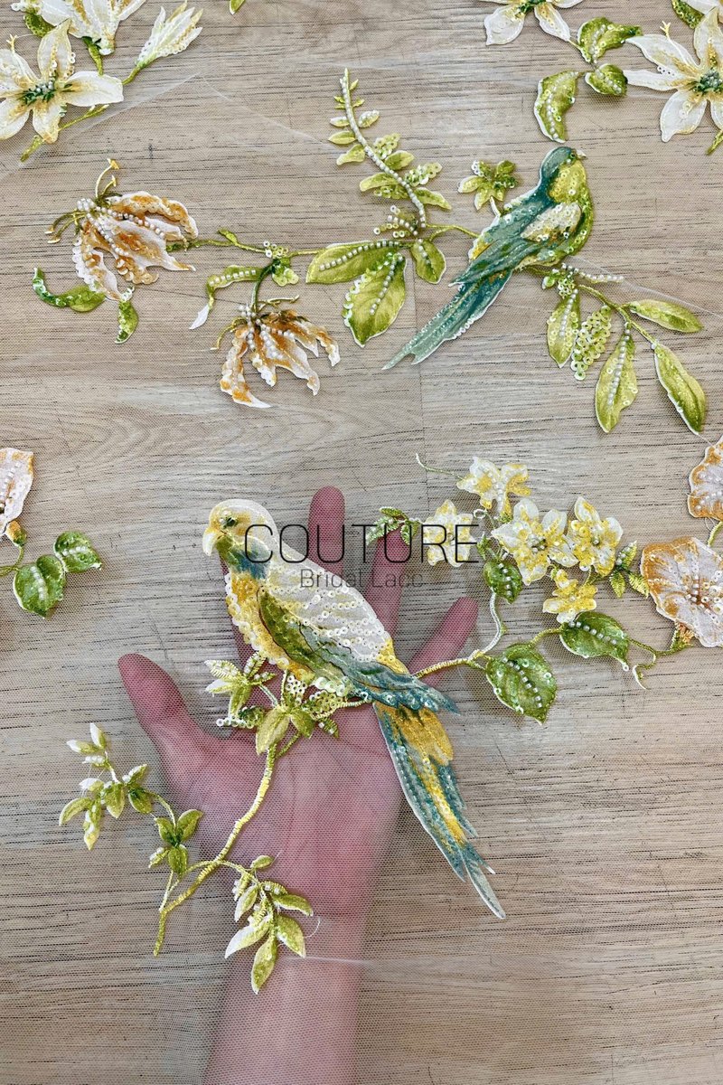 Color Lace: Teal Floral Botanical with Sequined Leaves and White Flowers, 1 Meter