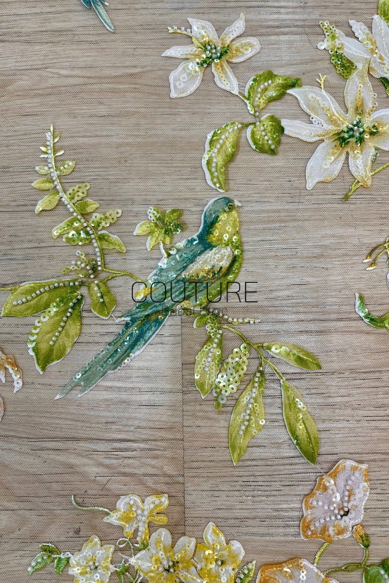 Color Lace: Teal Floral Botanical with Sequined Leaves and White Flowers, 1 Meter