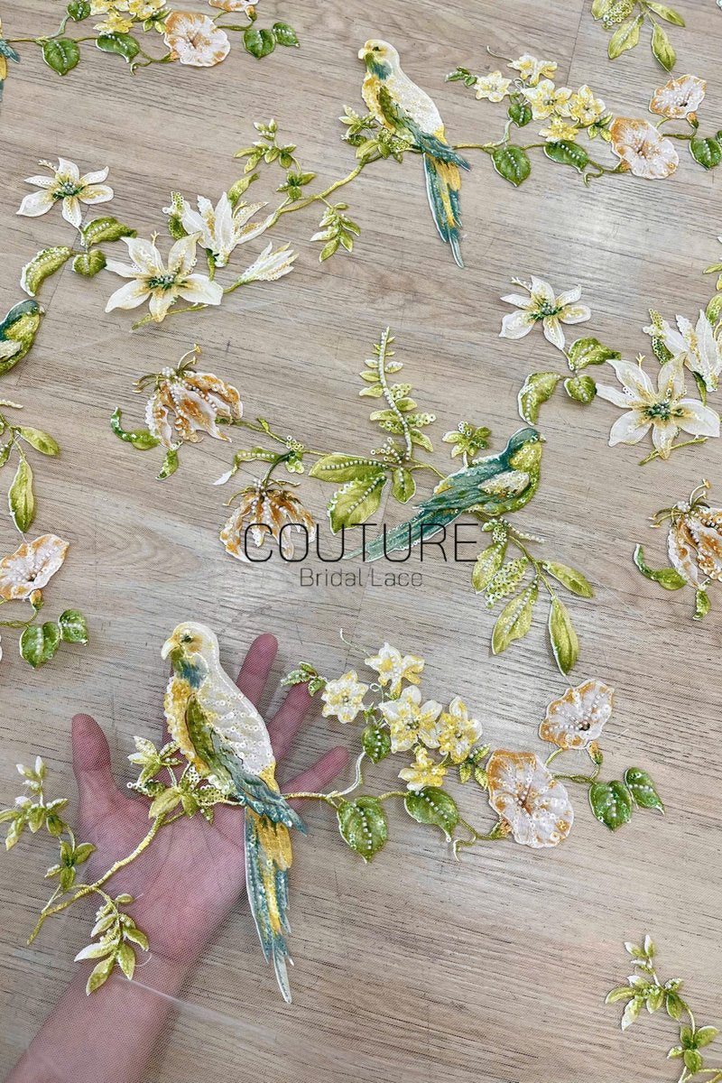 Color Lace: Teal Floral Botanical with Sequined Leaves and White Flowers, 1 Meter