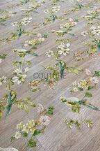 Color Lace: Teal Floral Botanical with Sequined Leaves and White Flowers, 1 Meter