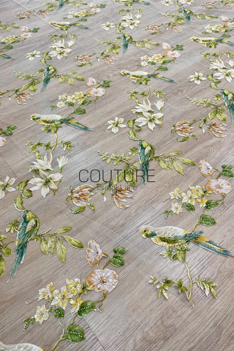 Color Lace: Teal Floral Botanical with Sequined Leaves and White Flowers, 1 Meter