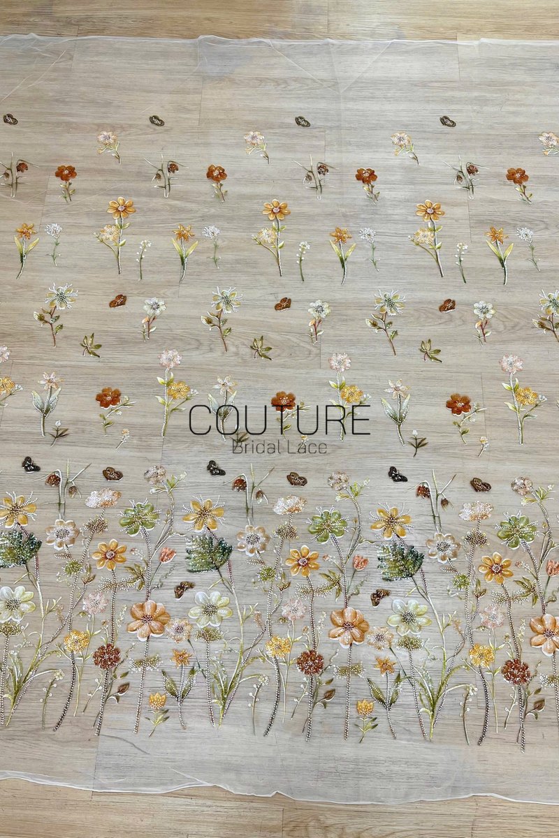 Color Lace: Scattered Floral Embroidered Blooms with Sequined and Beaded Flower Motifs, 1 Meter
