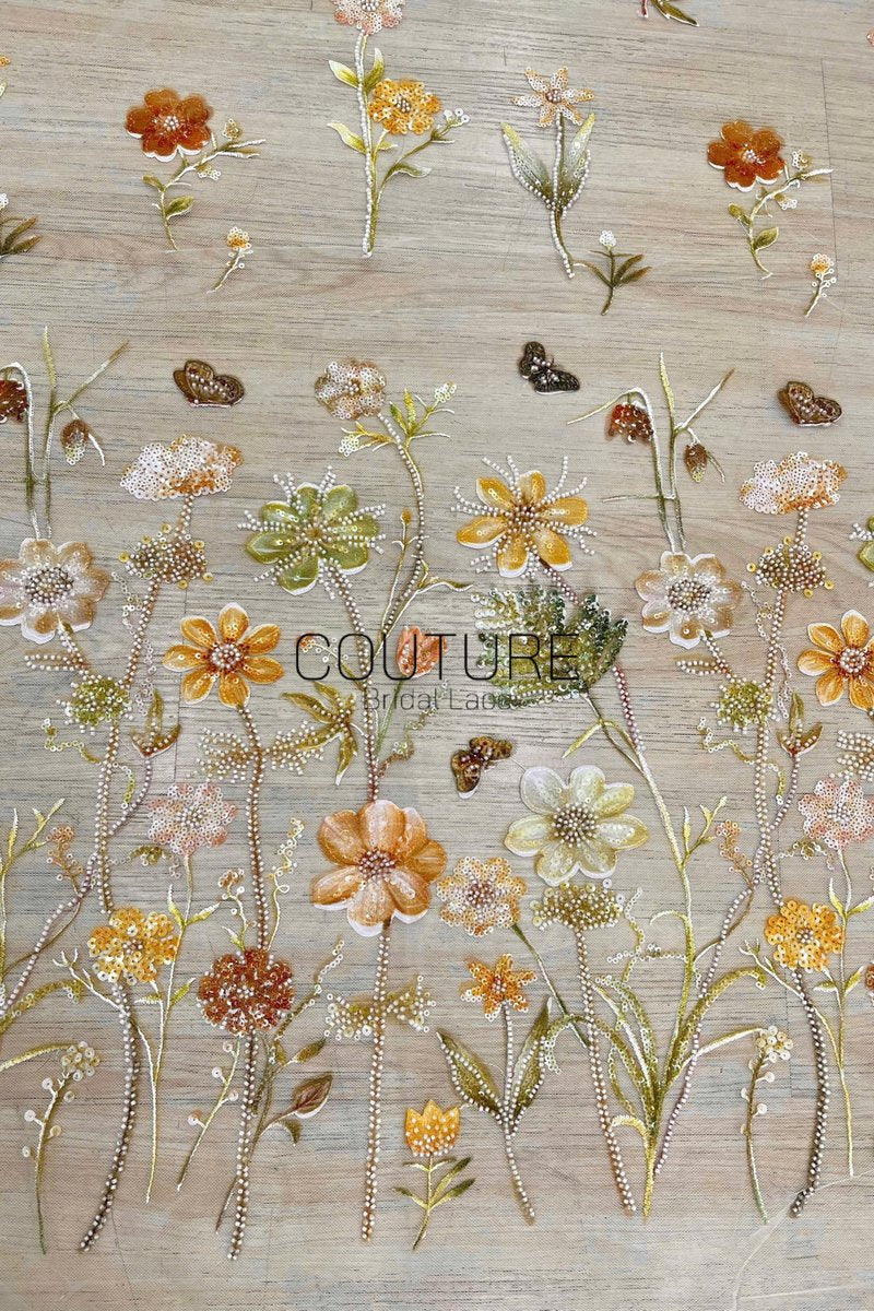 Color Lace: Scattered Floral Embroidered Blooms with Sequined and Beaded Flower Motifs, 1 Meter