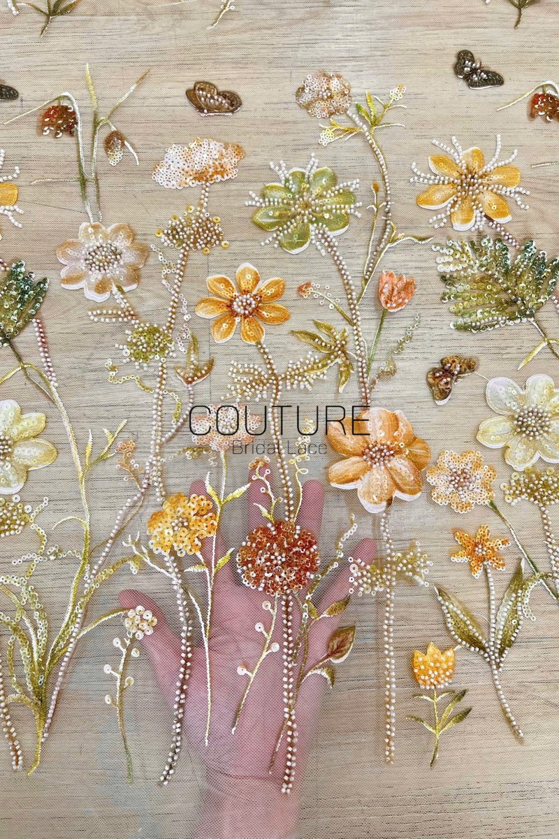 Color Lace: Scattered Floral Embroidered Blooms with Sequined and Beaded Flower Motifs, 1 Meter