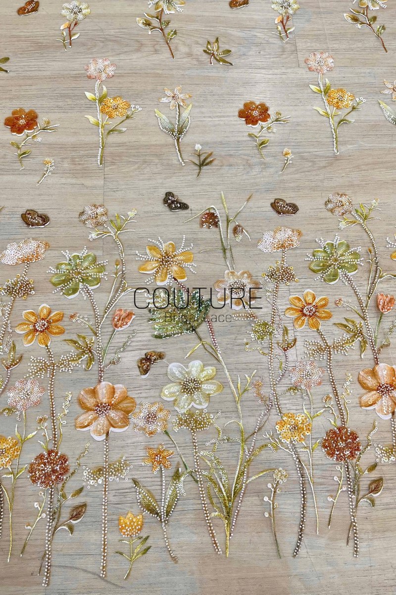Color Lace: Scattered Floral Embroidered Blooms with Sequined and Beaded Flower Motifs, 1 Meter