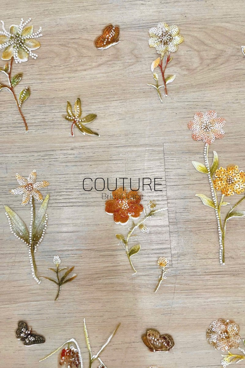 Color Lace: Scattered Floral Embroidered Blooms with Sequined and Beaded Flower Motifs, 1 Meter