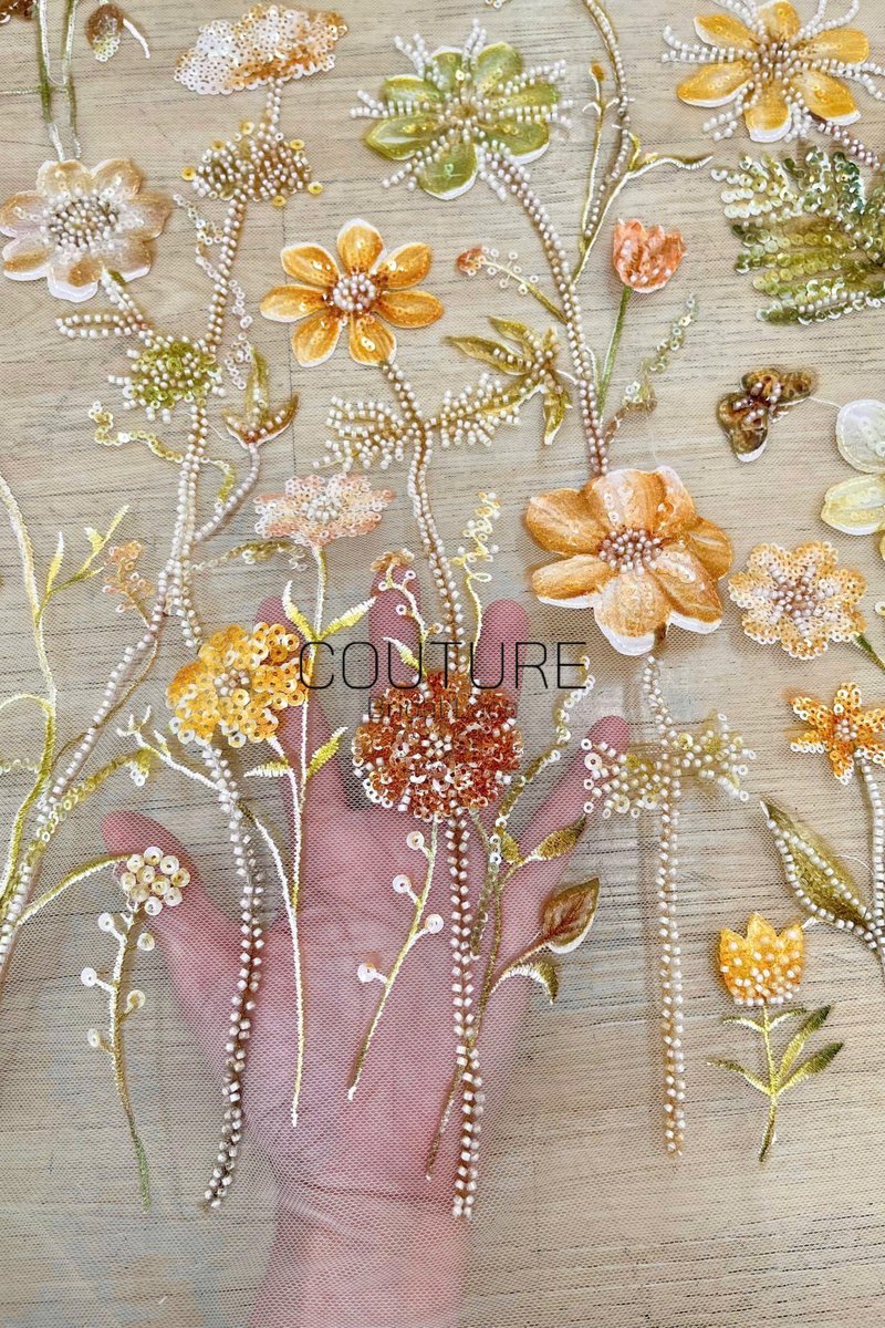 Color Lace: Scattered Floral Embroidered Blooms with Sequined and Beaded Flower Motifs, 1 Meter