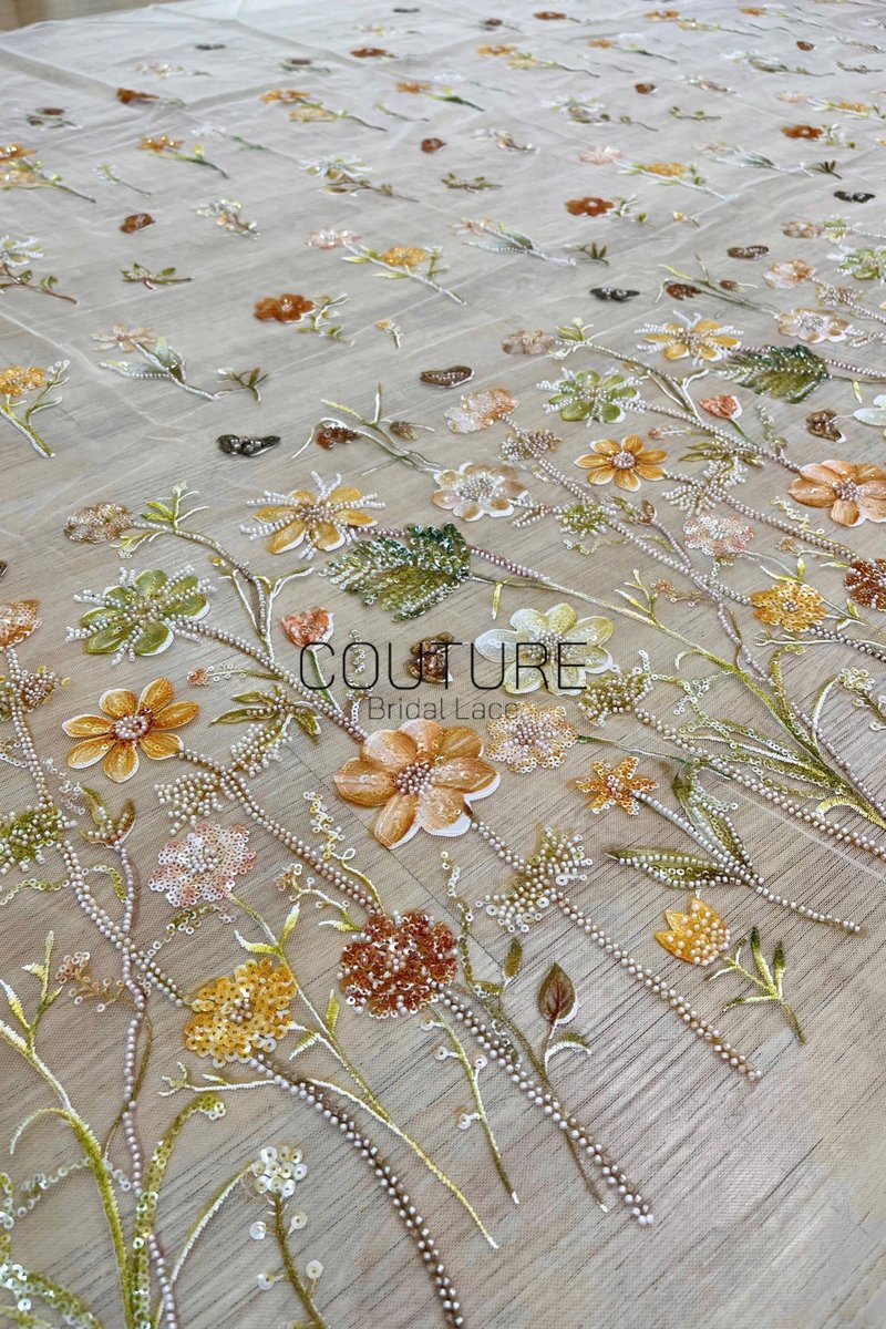Color Lace: Scattered Floral Embroidered Blooms with Sequined and Beaded Flower Motifs, 1 Meter