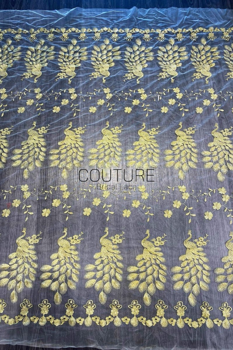 Color Lace: Gold Floral Embroidered Motifs with Scalloped Floral Border Edge, 1 Meter