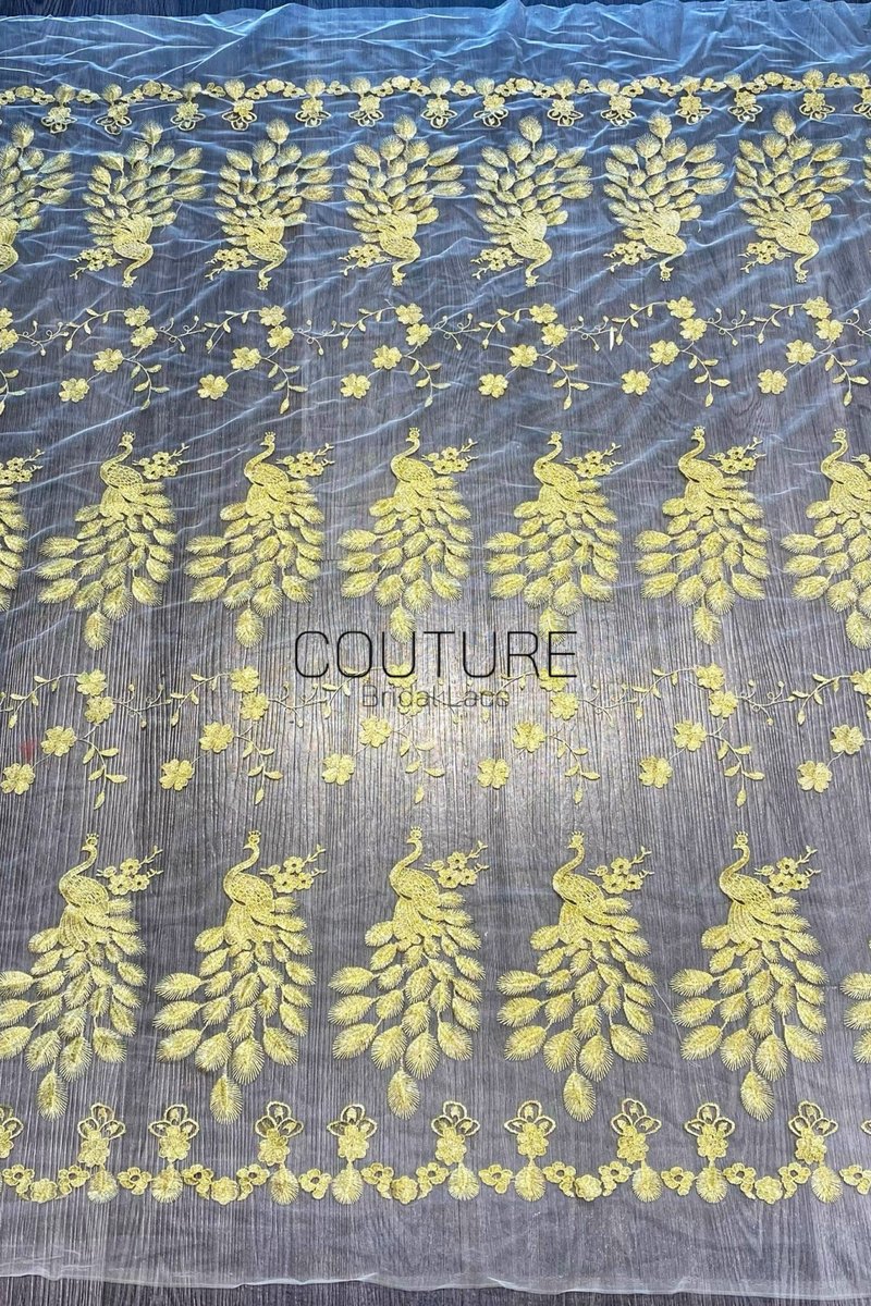 Color Lace: Gold Floral Embroidered Motifs with Scalloped Floral Border Edge, 1 Meter