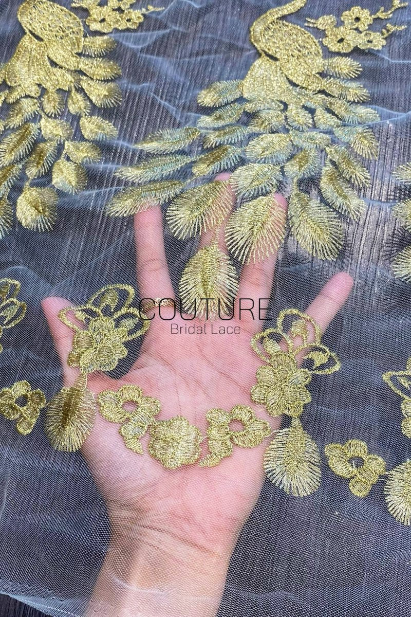 Color Lace: Gold Floral Embroidered Motifs with Scalloped Floral Border Edge, 1 Meter