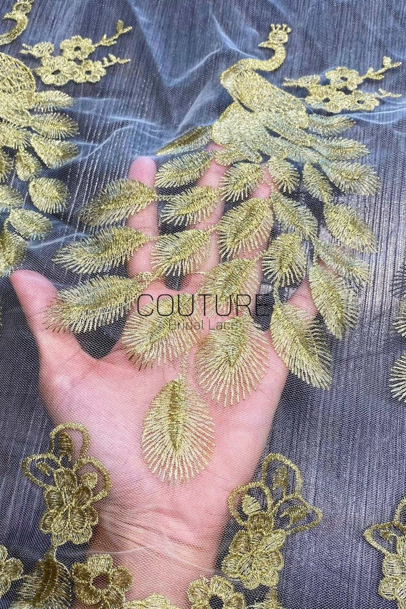 Color Lace: Gold Floral Embroidered Motifs with Scalloped Floral Border Edge, 1 Meter