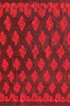 Color Lace: Burgundy Red Floral Cluster Motifs with Scattered Embroidered Appliqué Pattern Throughout, 1 Meter