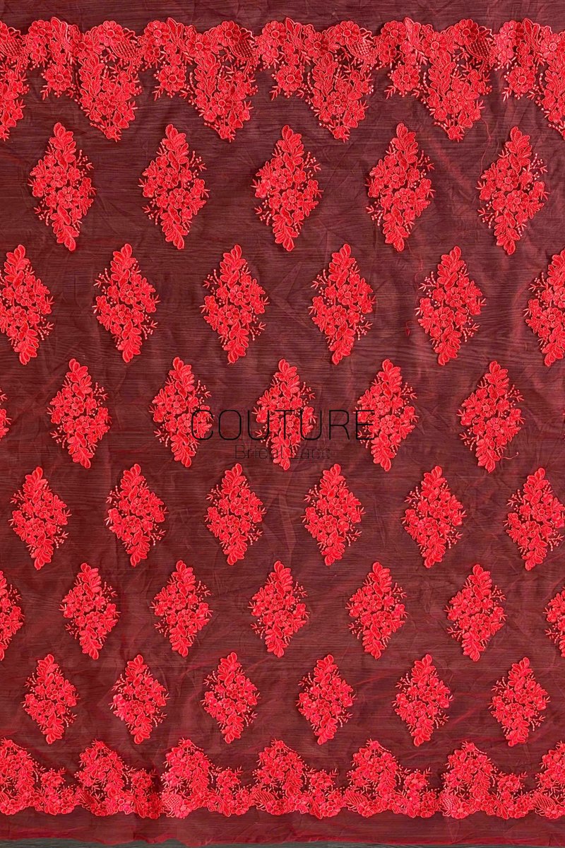 Color Lace: Burgundy Red Floral Cluster Motifs with Scattered Embroidered Appliqué Pattern Throughout, 1 Meter