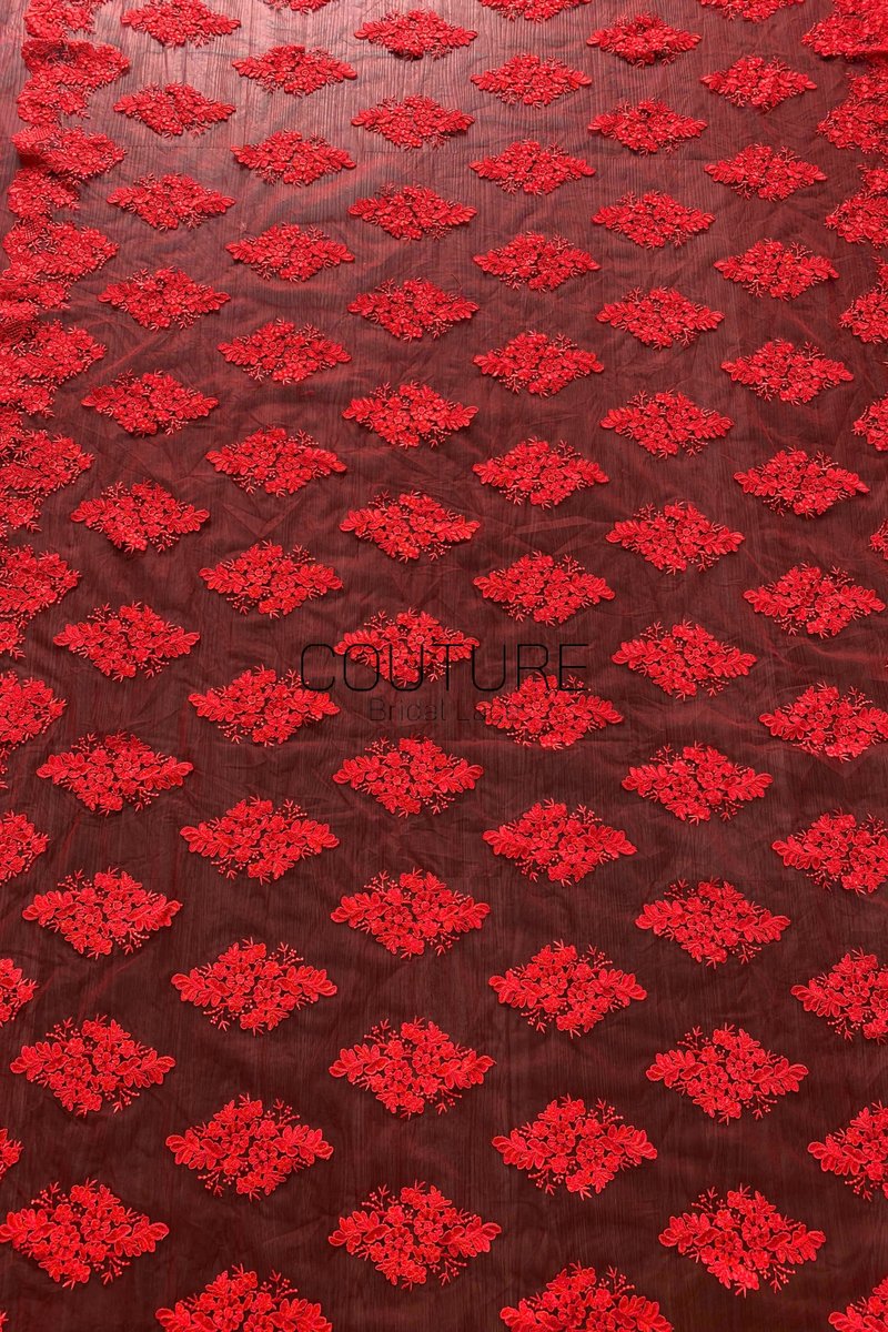 Color Lace: Burgundy Red Floral Cluster Motifs with Scattered Embroidered Appliqué Pattern Throughout, 1 Meter