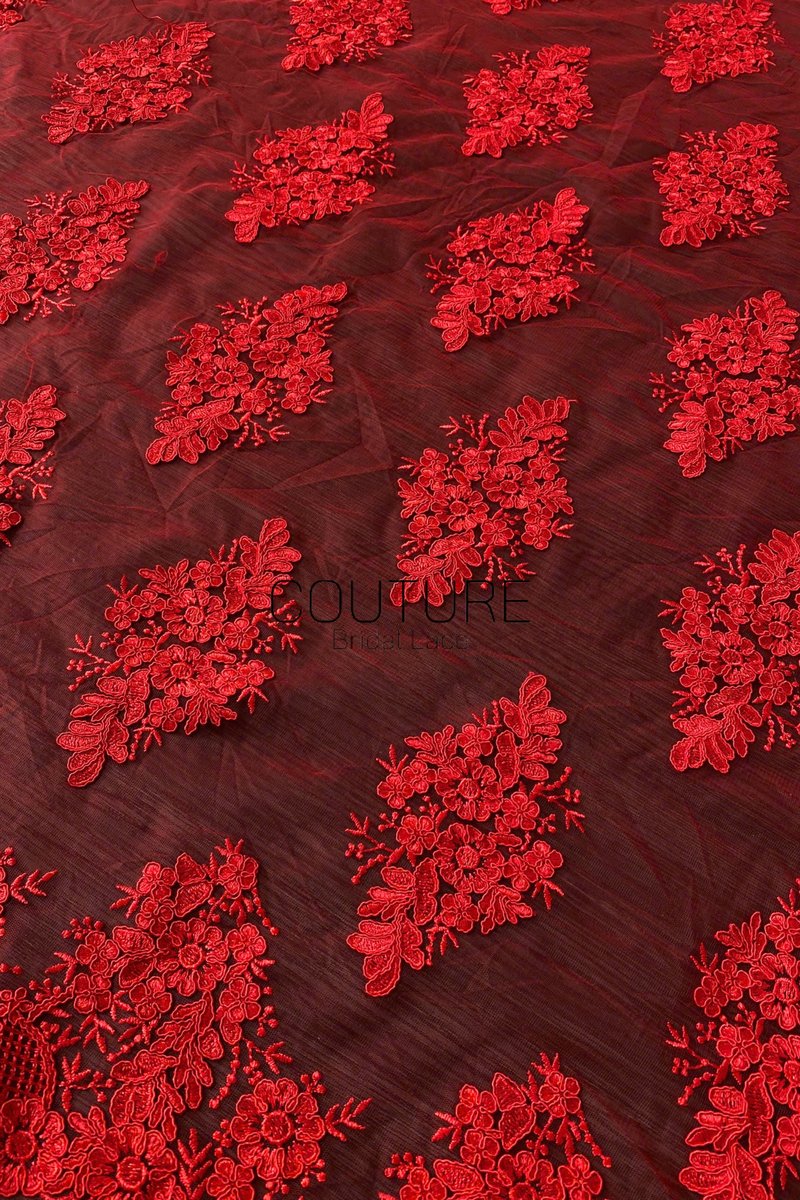 Color Lace: Burgundy Red Floral Cluster Motifs with Scattered Embroidered Appliqué Pattern Throughout, 1 Meter