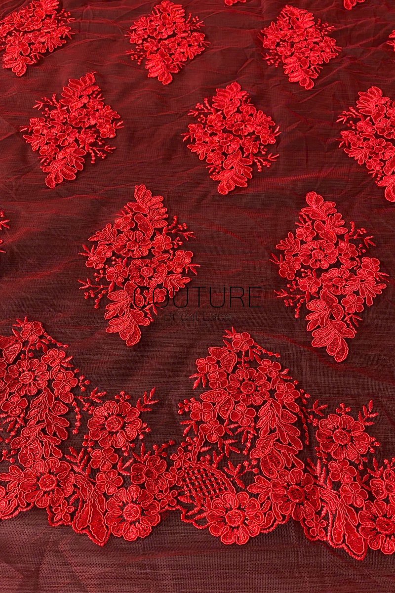 Color Lace: Burgundy Red Floral Cluster Motifs with Scattered Embroidered Appliqué Pattern Throughout, 1 Meter