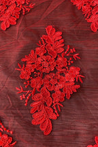 Color Lace: Burgundy Red Floral Cluster Motifs with Scattered Embroidered Appliqué Pattern Throughout, 1 Meter