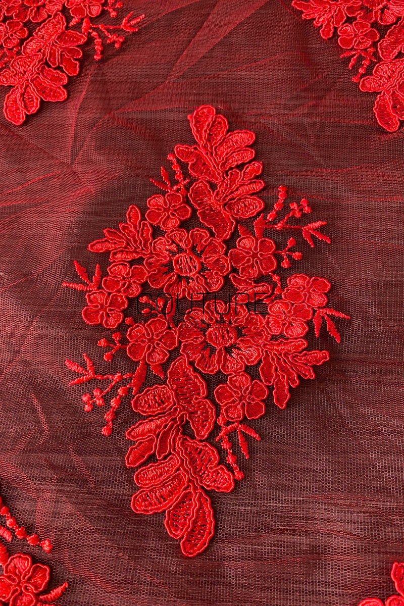 Color Lace: Burgundy Red Floral Cluster Motifs with Scattered Embroidered Appliqué Pattern Throughout, 1 Meter