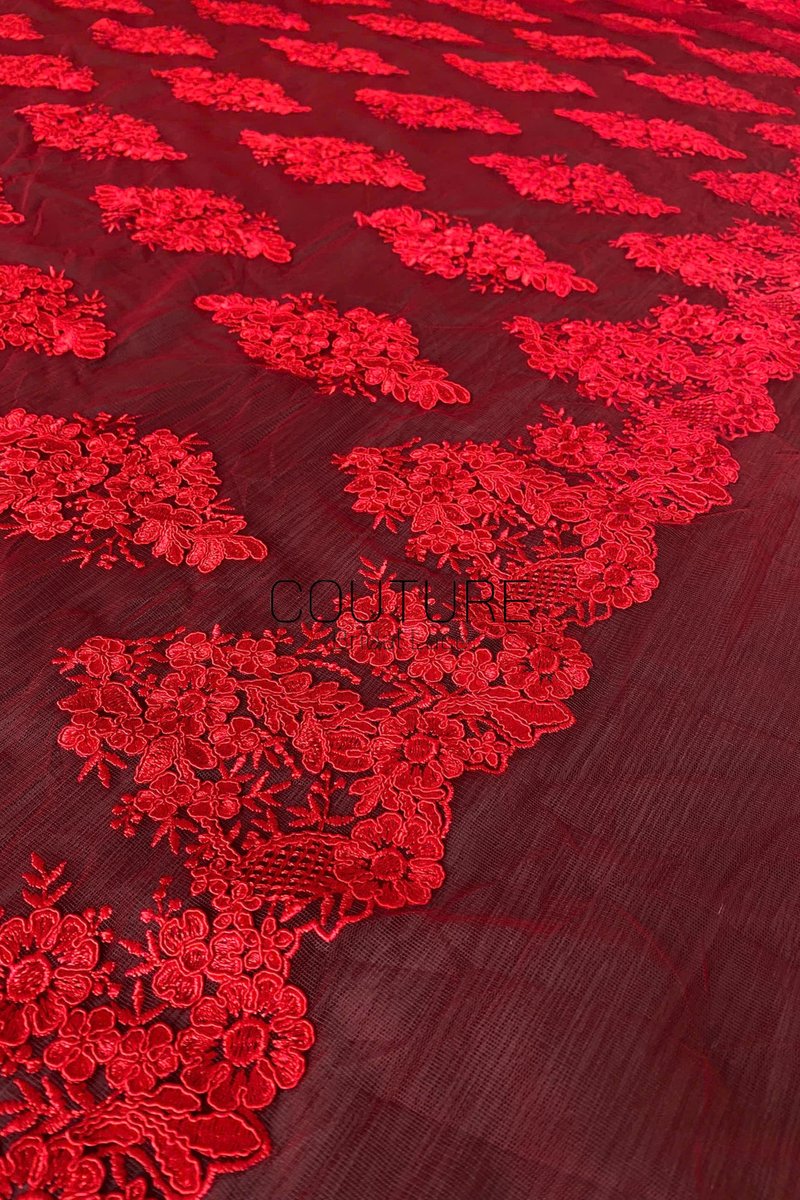 Color Lace: Burgundy Red Floral Cluster Motifs with Scattered Embroidered Appliqué Pattern Throughout, 1 Meter