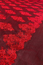 Color Lace: Burgundy Red Floral Cluster Motifs with Scattered Embroidered Appliqué Pattern Throughout, 1 Meter