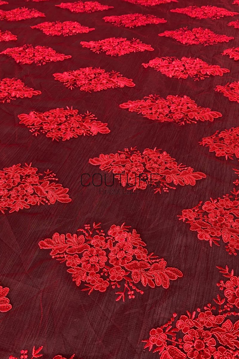 Color Lace: Burgundy Red Floral Cluster Motifs with Scattered Embroidered Appliqué Pattern Throughout, 1 Meter
