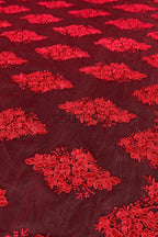 Color Lace: Burgundy Red Floral Cluster Motifs with Scattered Embroidered Appliqué Pattern Throughout, 1 Meter