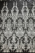 Floral Lace: White Ornate Damask Botanical Bouquets with Elaborate Scalloped Floral Border Edge, 3 Meters