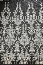 Floral Lace: White Ornate Damask Botanical Bouquets with Elaborate Scalloped Floral Border Edge, 3 Meters