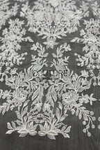 Floral Lace: White Ornate Damask Botanical Bouquets with Elaborate Scalloped Floral Border Edge, 3 Meters
