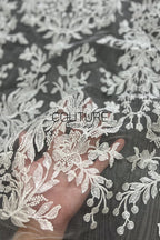 Floral Lace: White Ornate Damask Botanical Bouquets with Elaborate Scalloped Floral Border Edge, 3 Meters
