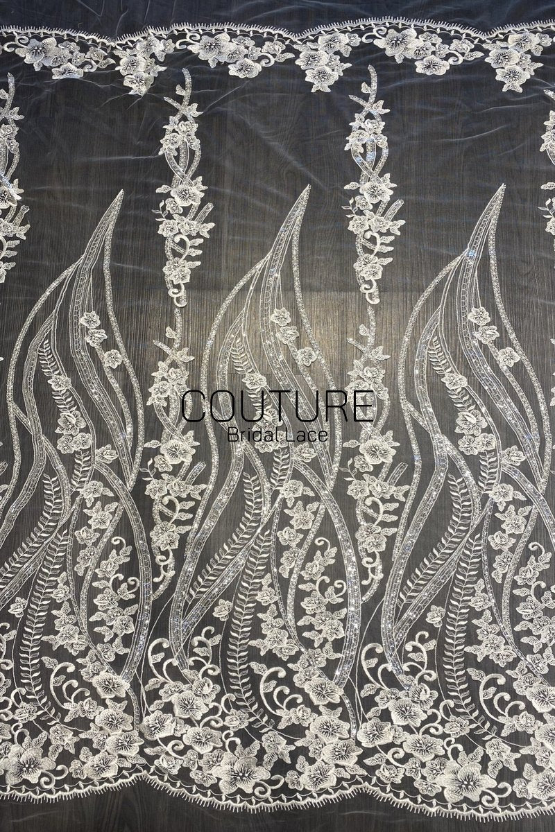 Floral Lace: Ivory Ornate Floral Vine Scrollwork with Scalloped Floral Edge and Eyelash Fringe, 3 Meters