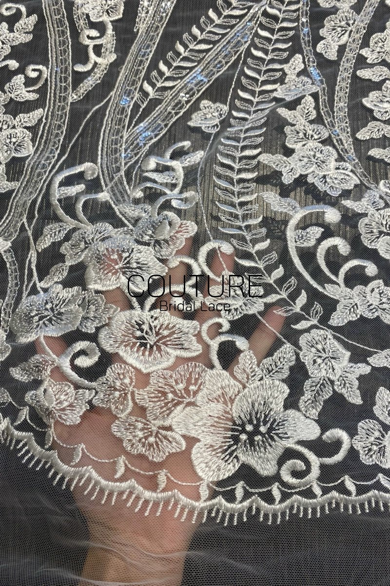 Floral Lace: Ivory Ornate Floral Vine Scrollwork with Scalloped Floral Edge and Eyelash Fringe, 3 Meters
