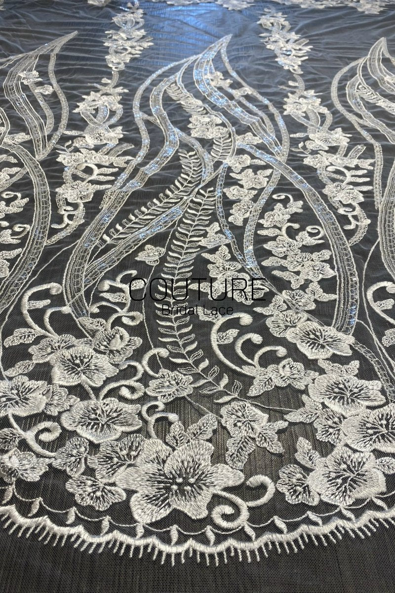 Floral Lace: Ivory Ornate Floral Vine Scrollwork with Scalloped Floral Edge and Eyelash Fringe, 3 Meters