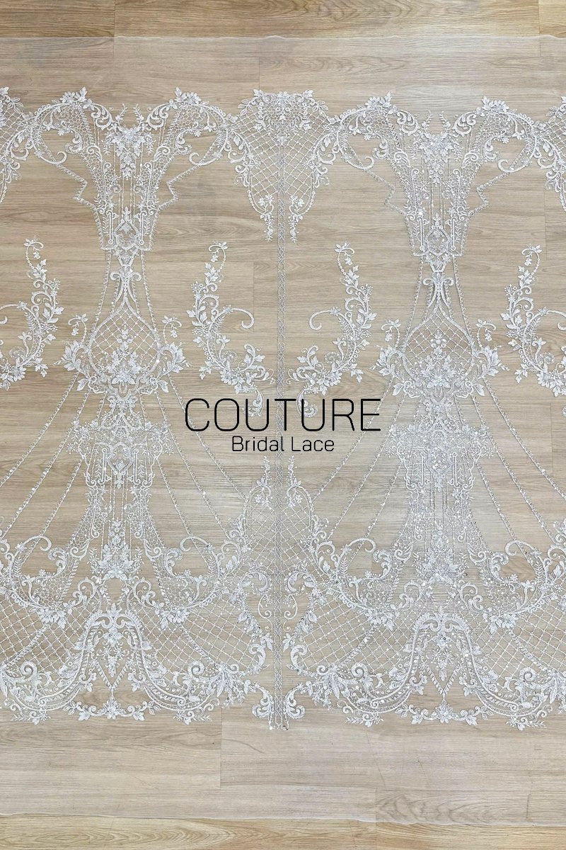 Beadings Lace: Ivory Ornate Scrollwork Floral Vines with Sequined Diamond Lattice Scalloped Border, 3 Meters