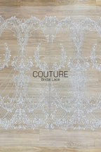 Beadings Lace: Ivory Ornate Scrollwork Floral Vines with Sequined Diamond Lattice Scalloped Border, 3 Meters