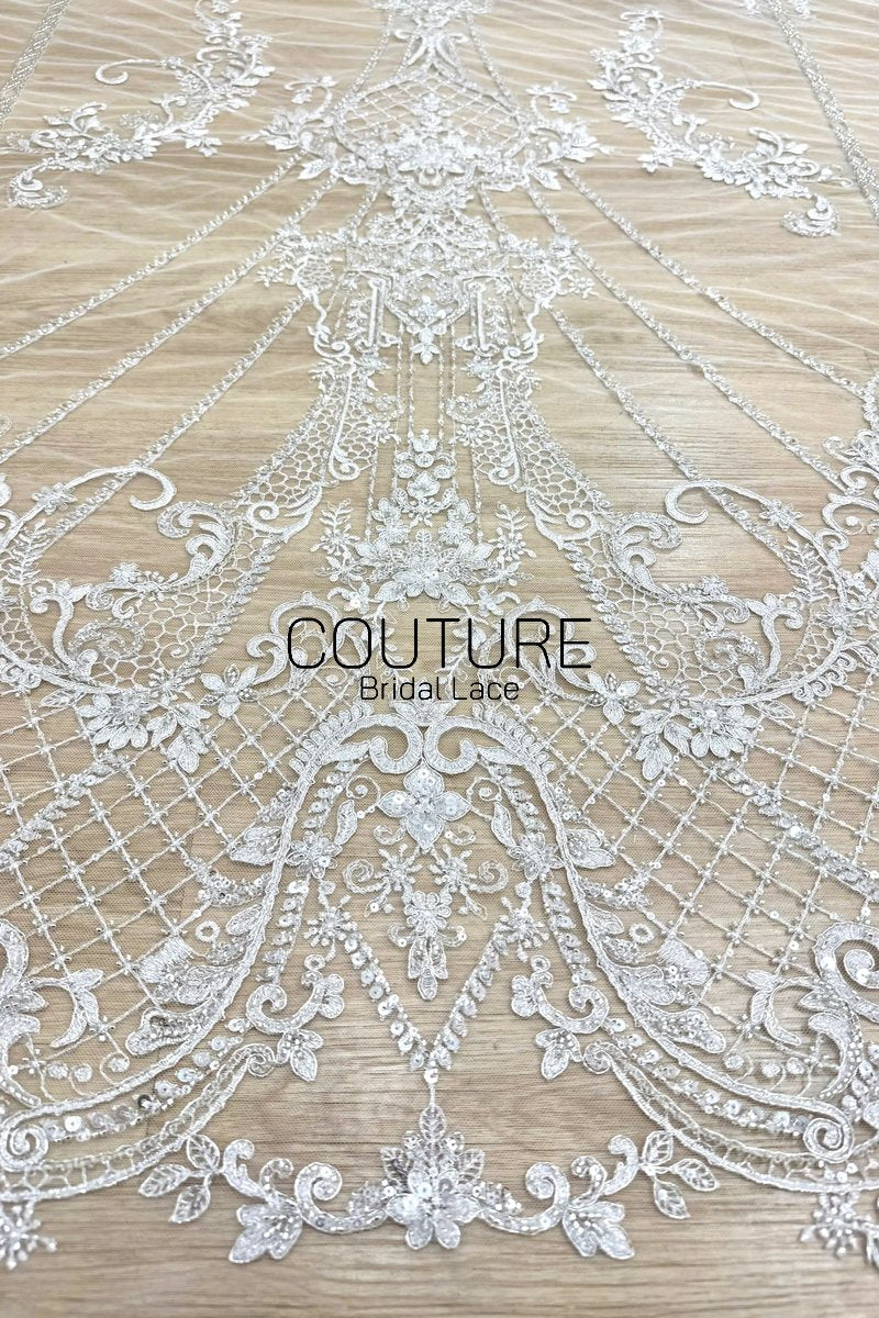 Beadings Lace: Ivory Ornate Scrollwork Floral Vines with Sequined Diamond Lattice Scalloped Border, 3 Meters