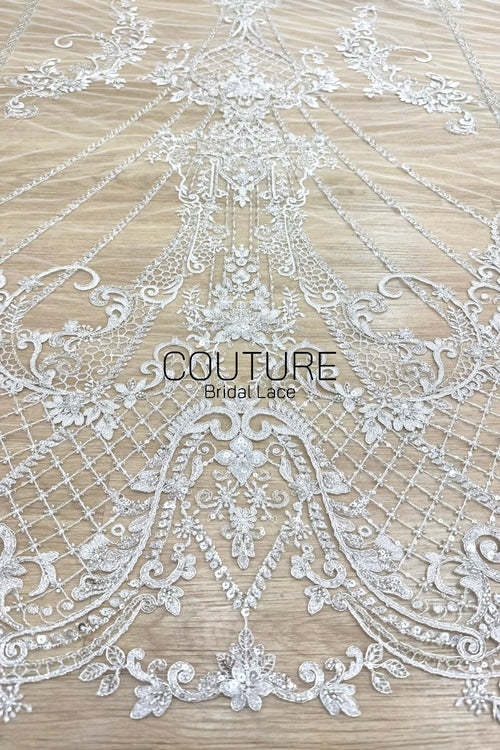 Beadings Lace: Ivory Ornate Scrollwork Floral Vines with Sequined Diamond Lattice Scalloped Border, 3 Meters